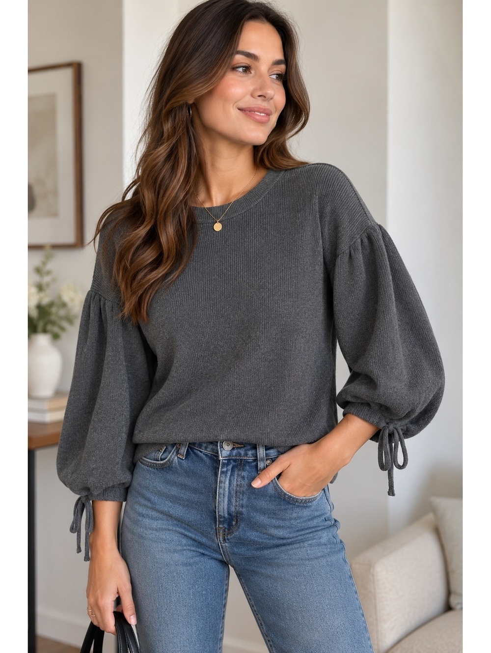 Banana Republic Charcoal Gray Wool Blend Puff Sleeve Sweater Size Small